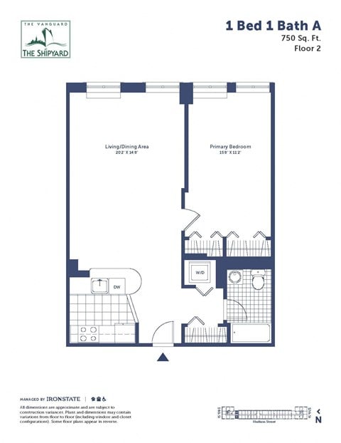 Floor plan for 1 bed, 1 bath, 743 sqft